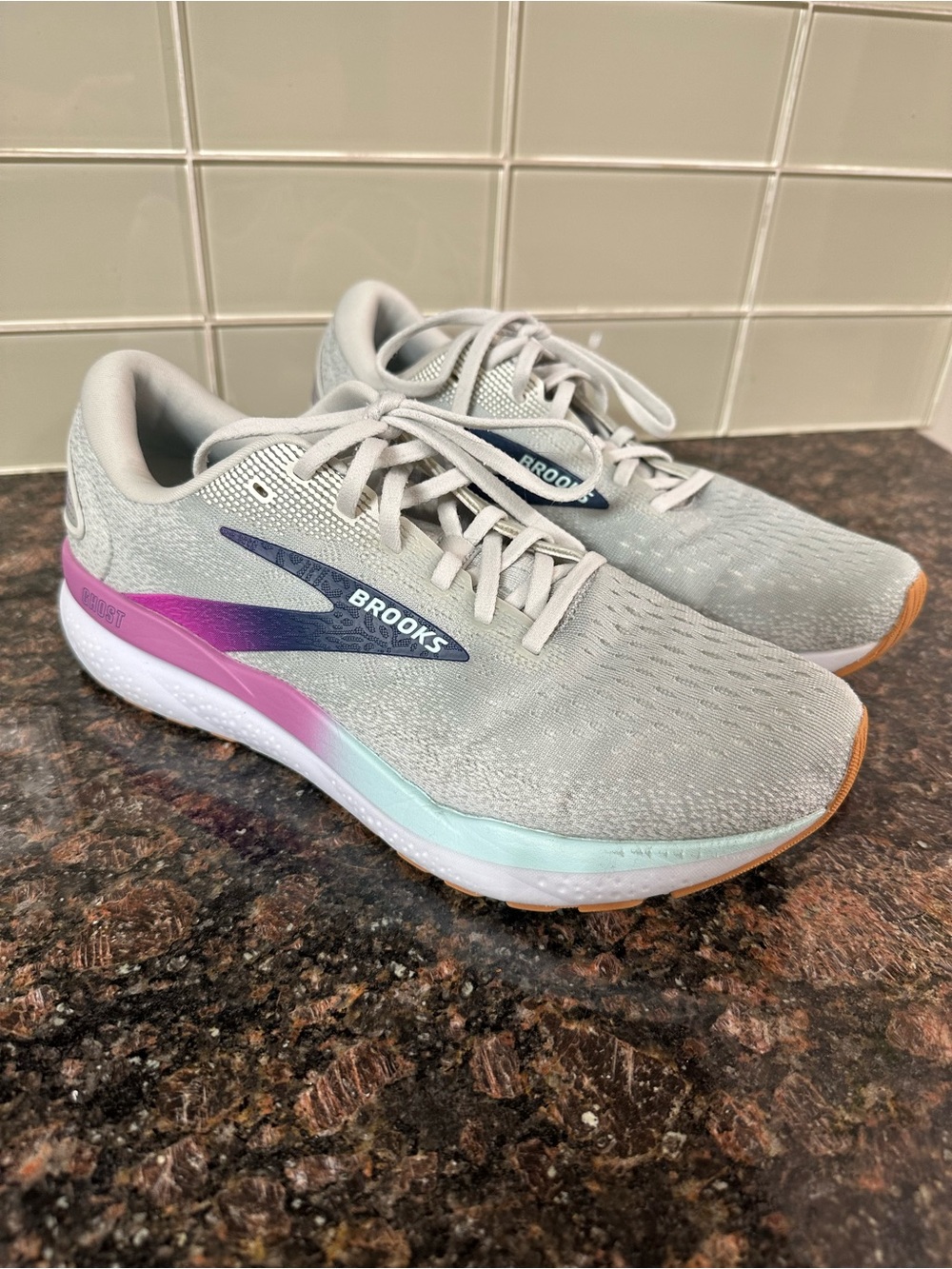 Brooks Women's Light Gray Running Shoes with Pink and Mint Accents